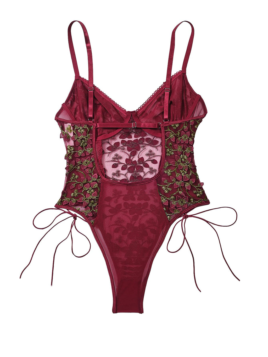 Lilosy Women Sexy Lace Up Floral Embroidered Teddy Babydoll Lingerie Bodysuit Top Mesh Sheer One Piece See Through Burgundy Medium