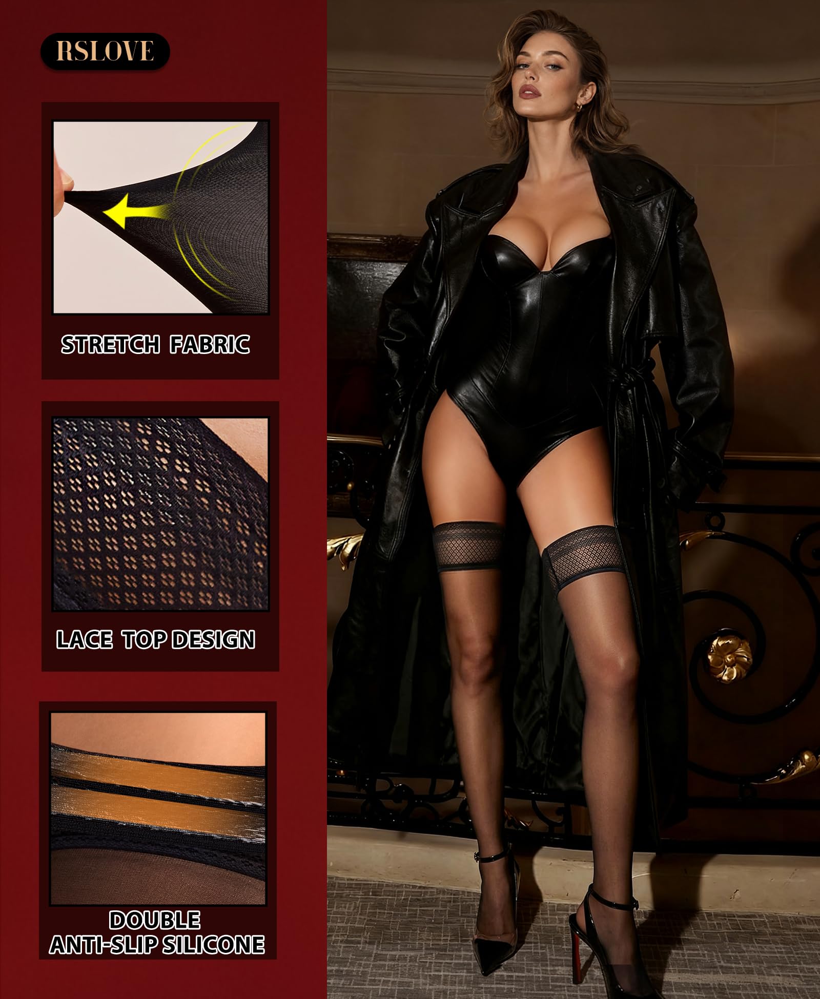 RSLOVE Lace Top Thigh High - Stockings for Women Sheer Stockings Antiskid Silicone Stay Up Pantyhose Onesize Black