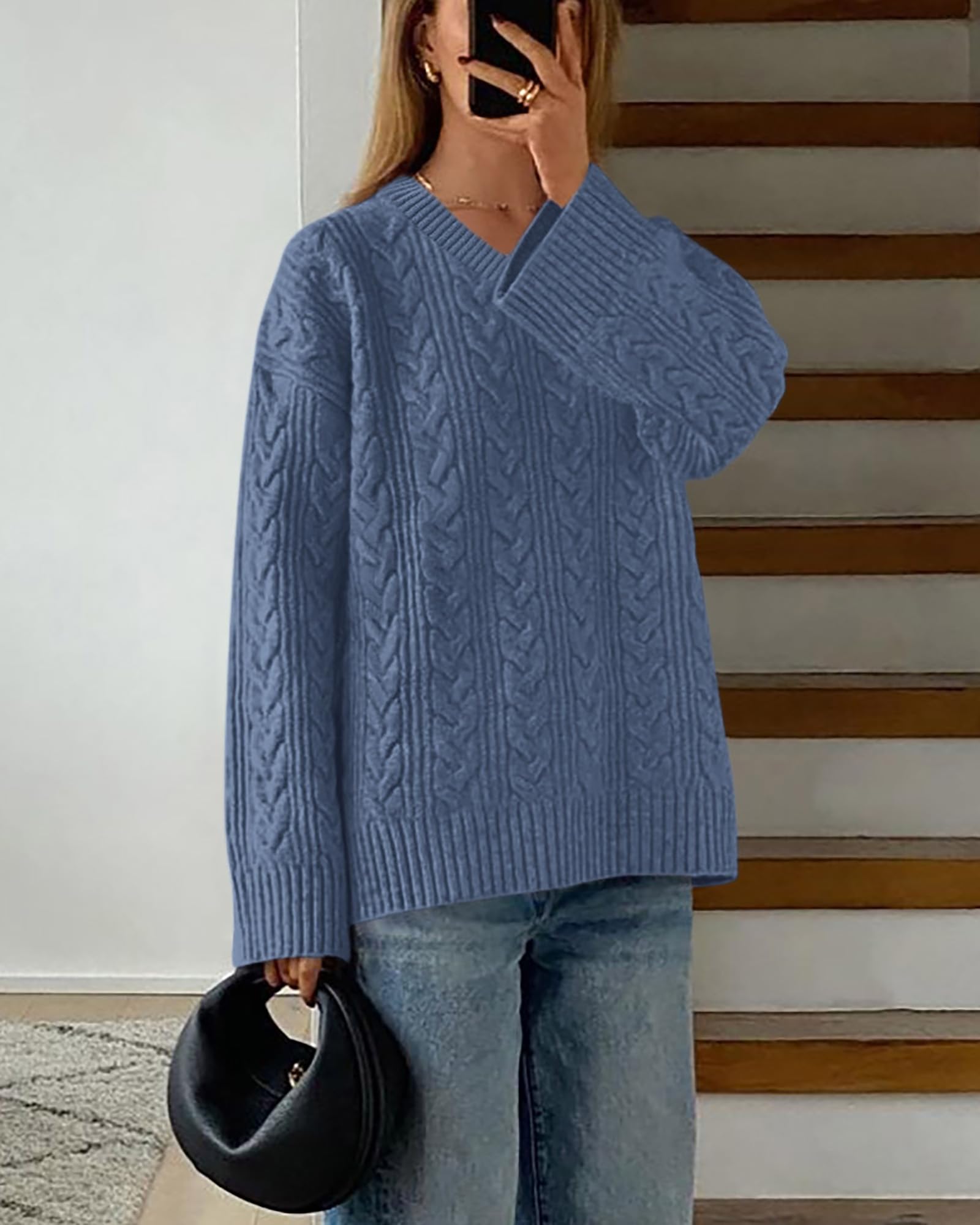 Okiwam Women's Oversized Sweaters Long Sleeve V Neck Cable Knit Pullover Tops Fall Outfits Spring Fashion Clothes 2026-L Blue