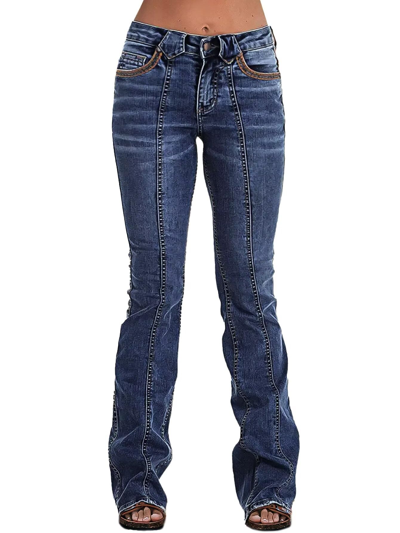 Flamingals Boot Cut Jeans for Women Mid Rise Butt Lifting Stretchy Trendy Bell Bottom Flare Denim Jeans Dark Blue M