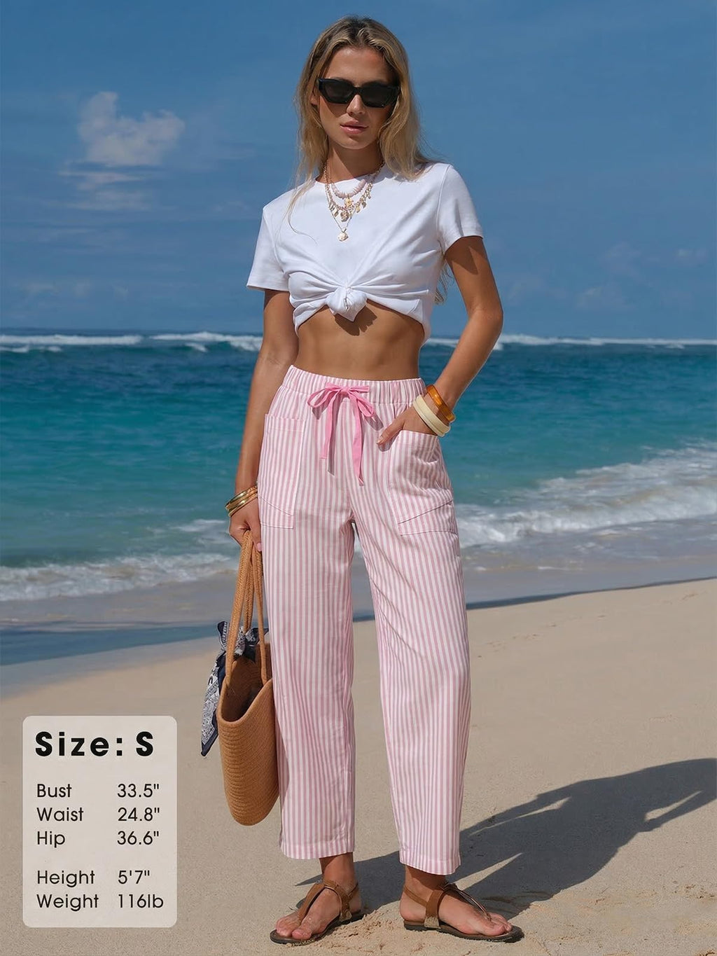 EXLURA Womens Faux Linen Striped Barrel Capri Pants Drawstring Trousers