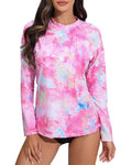 Halcurt Womens Long Sleeve Rash Guard Swim Shirts with Built in Bra UPF50+ Sun Protection Swimsuit Top Pink Tie Dye M