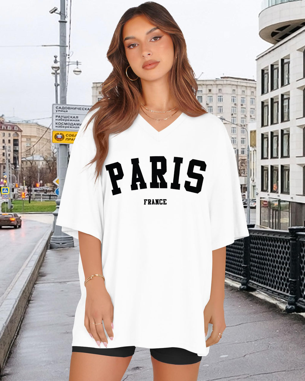 Oversized Tshirts for Women V Neck Short Sleeve Summer Casual Basic Loose Tops, White Black Letters, L