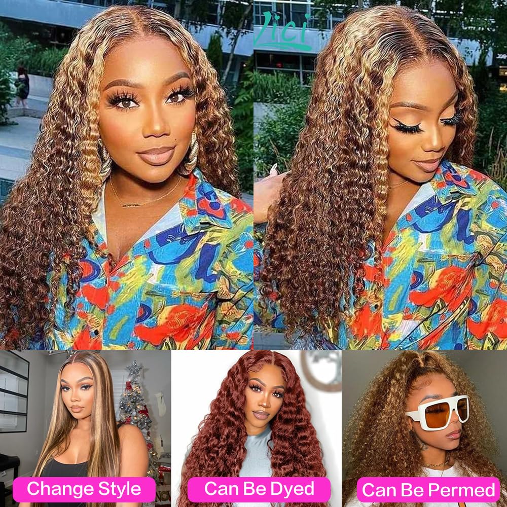 Tylokra 30inch Highlight Ombre Lace Front Wig Human Hair 13x6 HD Honey Blonde 4/27 Deep Wave Lace Frontal Wigs Glueless Wigs Human Hair
