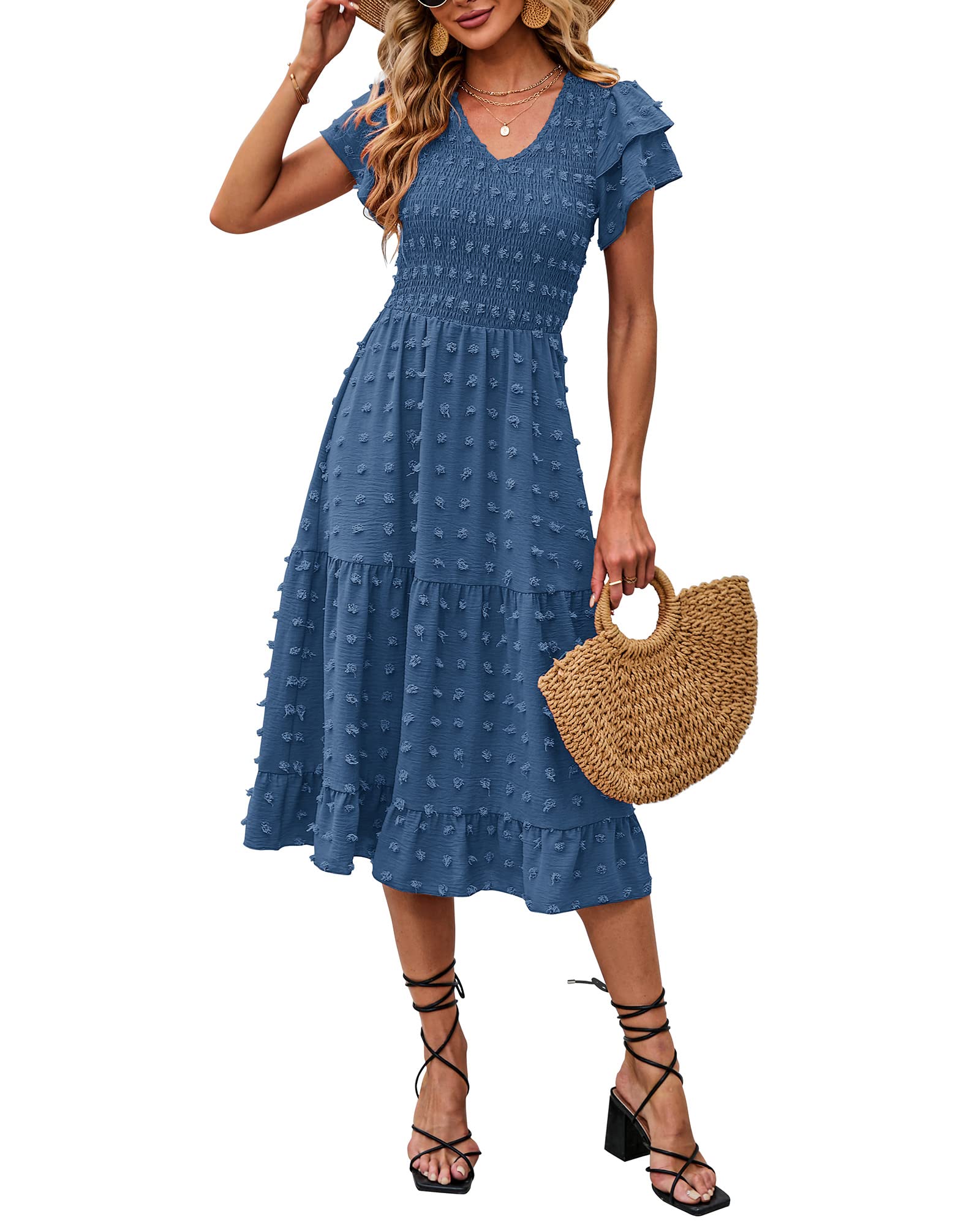 BTFBM Women Casual Summer Short Ruffles Tiered Sleeve Smocked Midi Dresses Bohemian Floral V Neck Wedding Guest Long Dresses（Solid Lake Blue,Medium