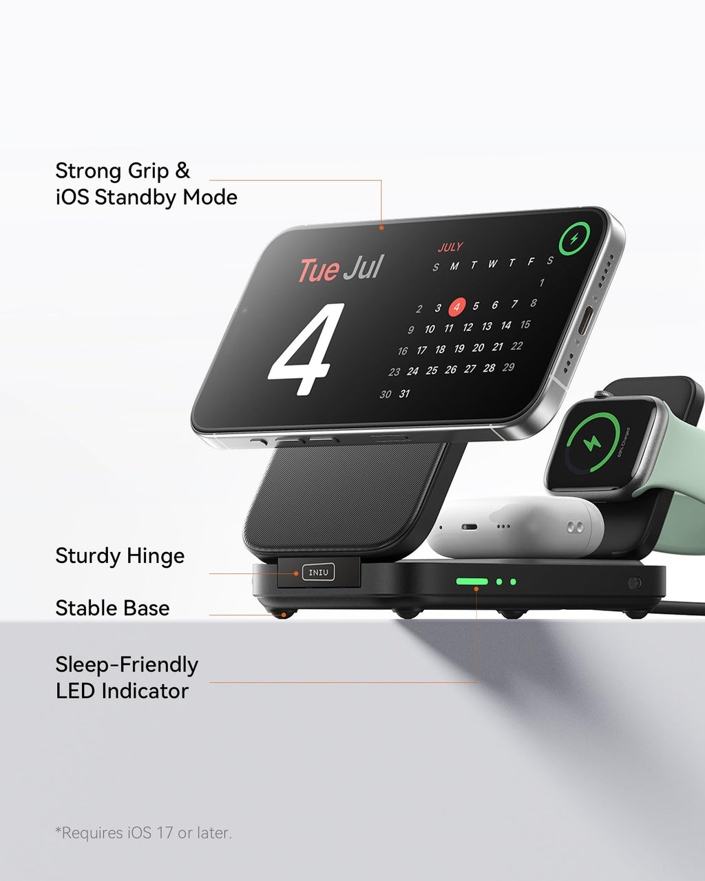 INIU 3 in 1 Foldable Wireless Charging Station, Original Qi2 Certified 15W Fast Mag-Safe Charger Stand for iPhone 17 16 15 14 13 12, Apple Watch, AirPods, Ideal for Travel Office Desk Accessories