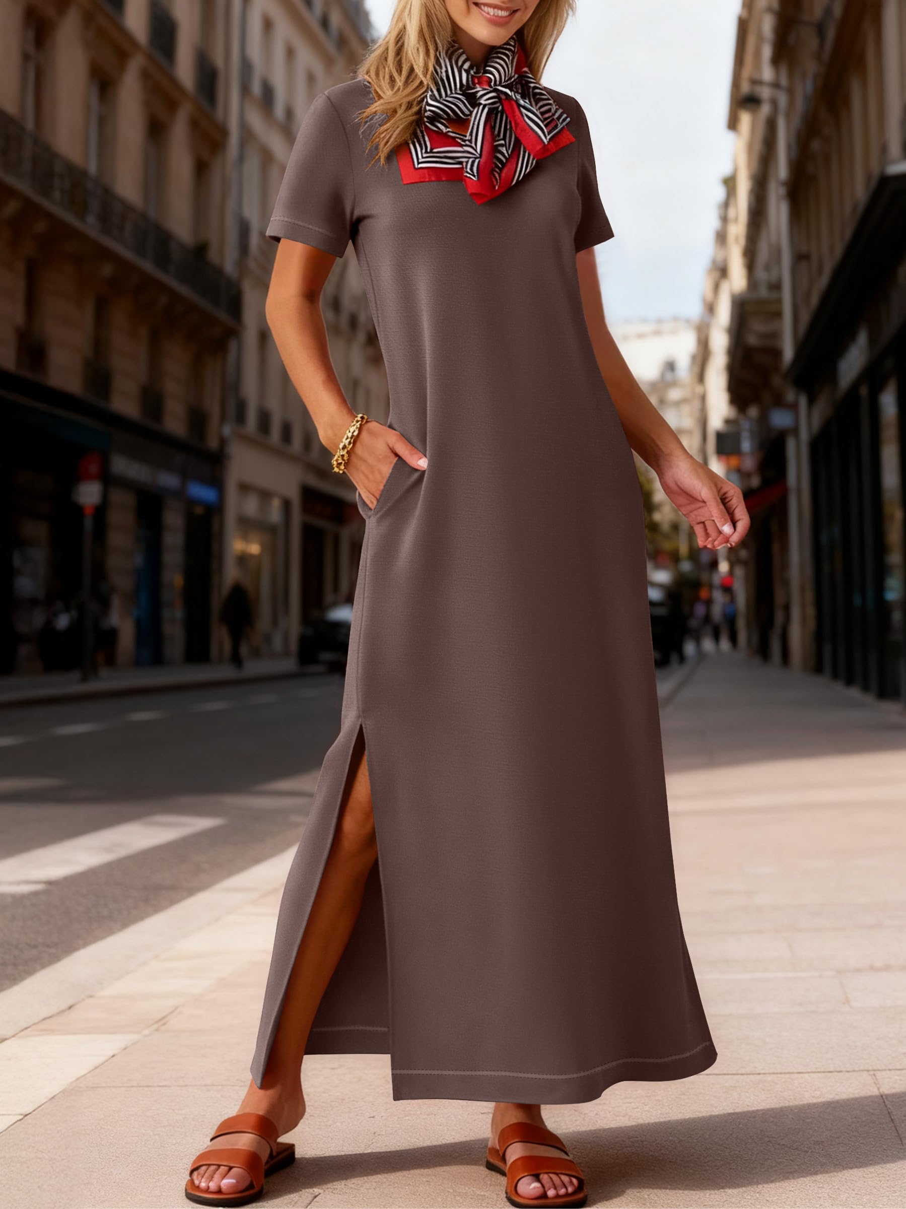 ANRABESS Womens Summer Casual Maxi Dress Short Sleeve Crewneck Split Wrinkle-Free Travel Long Sundress Beach Vacation Clothes Brown X-Large