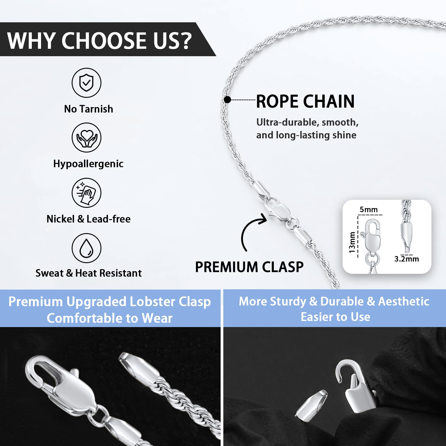 Jewlpire Silver Chain Necklace for Women, 2.5mm Rope Chains Silver Chain for Women Sturdy Womens Chains Necklace, 20 Inch