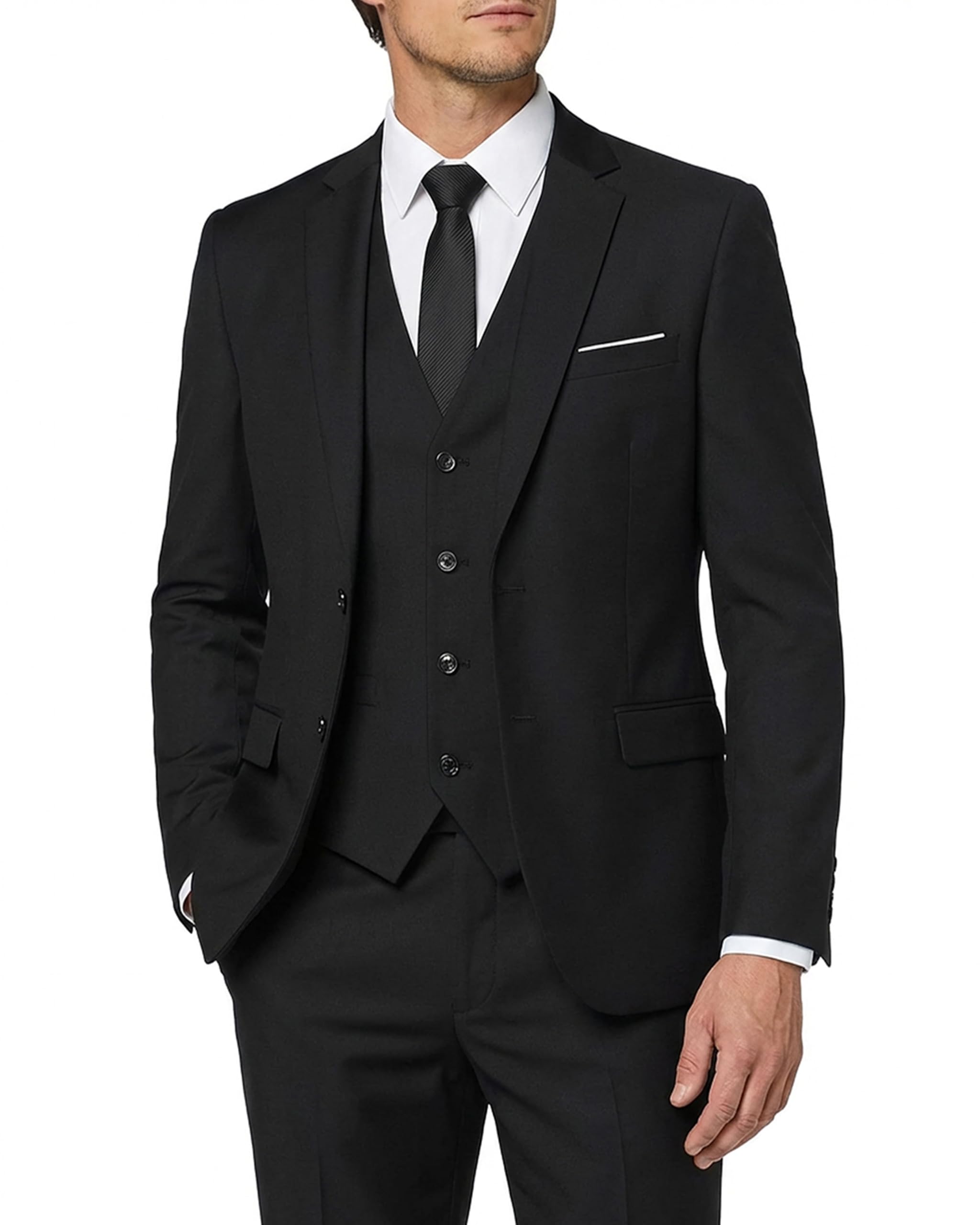 MY'S Men's 3 Piece Slim Fit Suit Set with Tie, 2 Button Blazer Jacket Vest & Pants, Business Wedding Party Prom Suit for Men, Black Medium