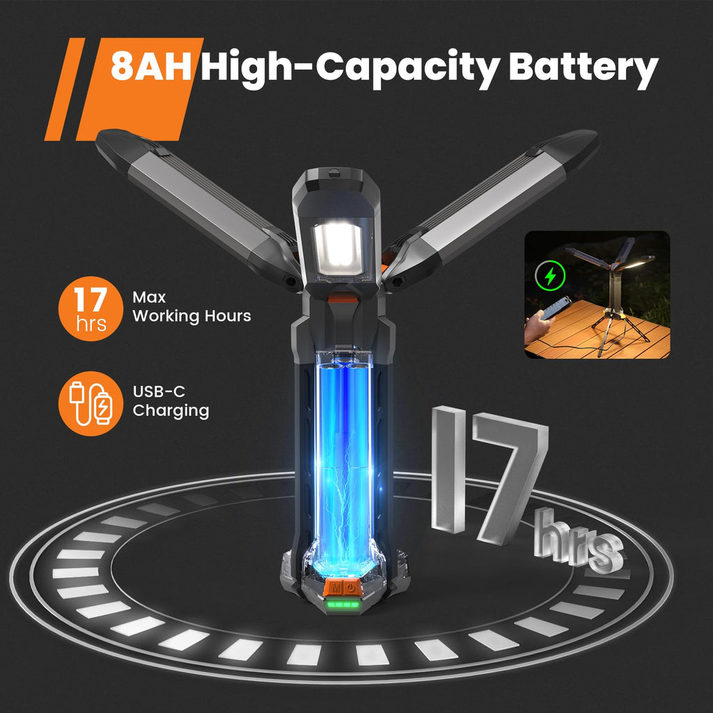 gogonova 2026 Rechargeable Work Light with Stand, 4 in 1 Cordless Camping Light, 700/1200/2200 Lumens, 4000/6500K Dimmable LED Work Lamp with Detachable Tripod（Grey）