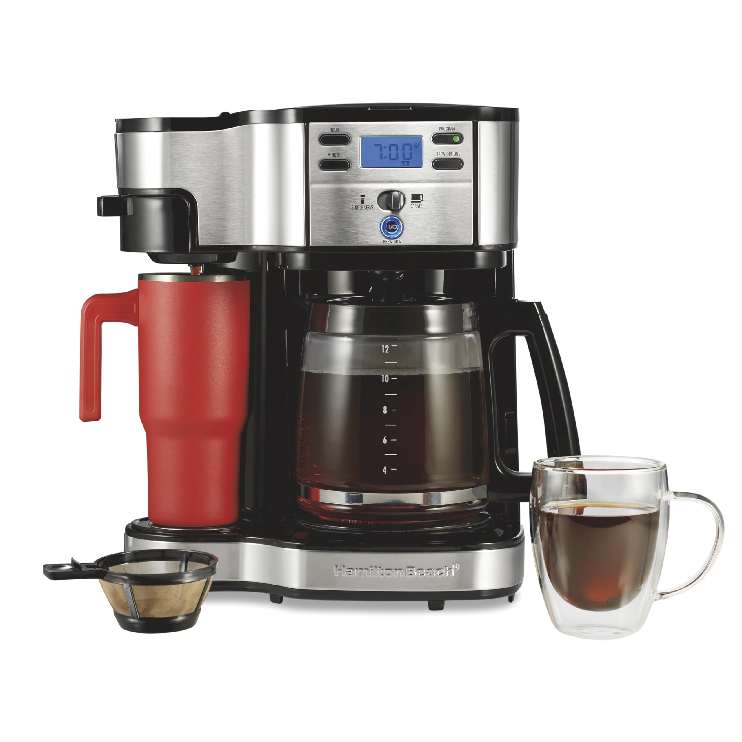 Hamilton Beach 2-Way Programmable Coffee Maker, 12 Cup Glass Carafe And Single Serve Coffee Maker, Black with Stainless Steel Accents, 49980RG