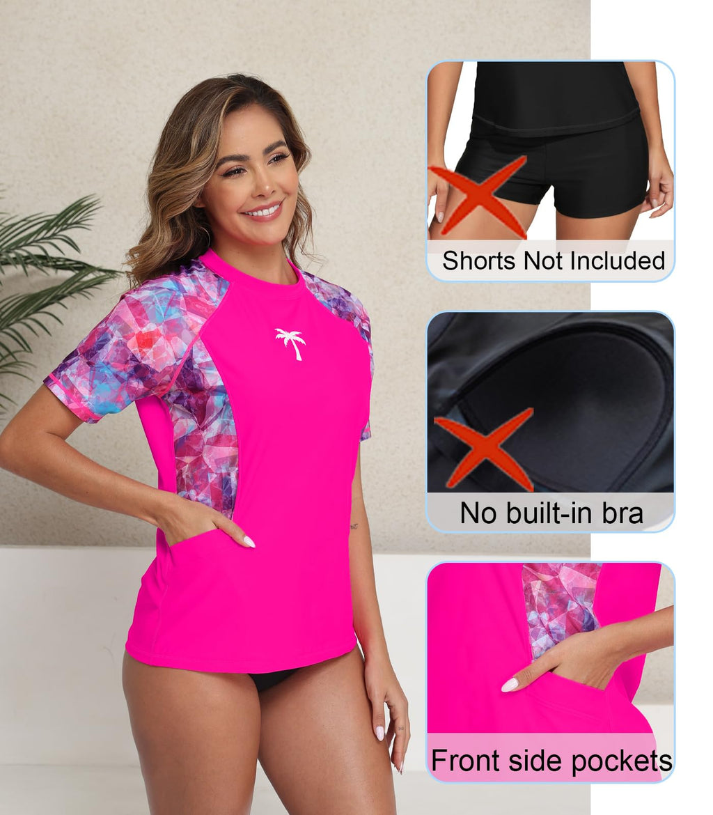 Halcurt Women's Short Sleeve Rash Guard Swimsuit Top with Pocket Swim Shirt Only UPF50+ Quick Dry Bathing Suit Hot Geometric M