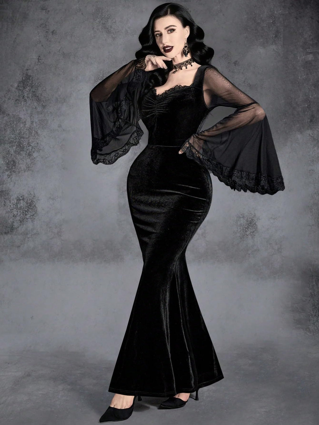GothDark Women's Goth Dress Black Velvet Mermaid Mesh Bell Sleeve Lace Trim Sexy Vintage Cosplay Party Dresses