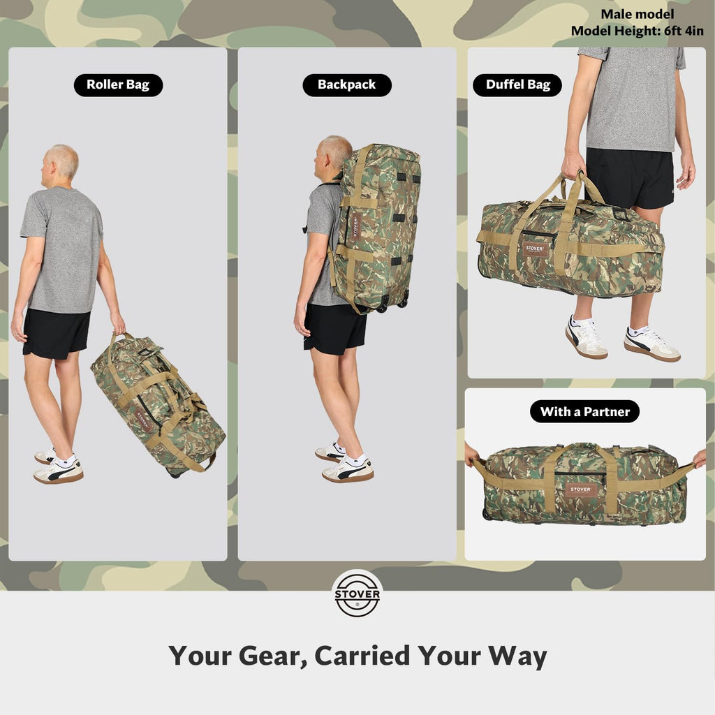 STOVER 45/80/100L Rolling Duffel Bag with Wheels, X-Large Durable Travel Duffle + Toiletry Bag, Heavy Duty, Packable with Shoulder Straps- Use as Luggage or Backpack (Camouflage)