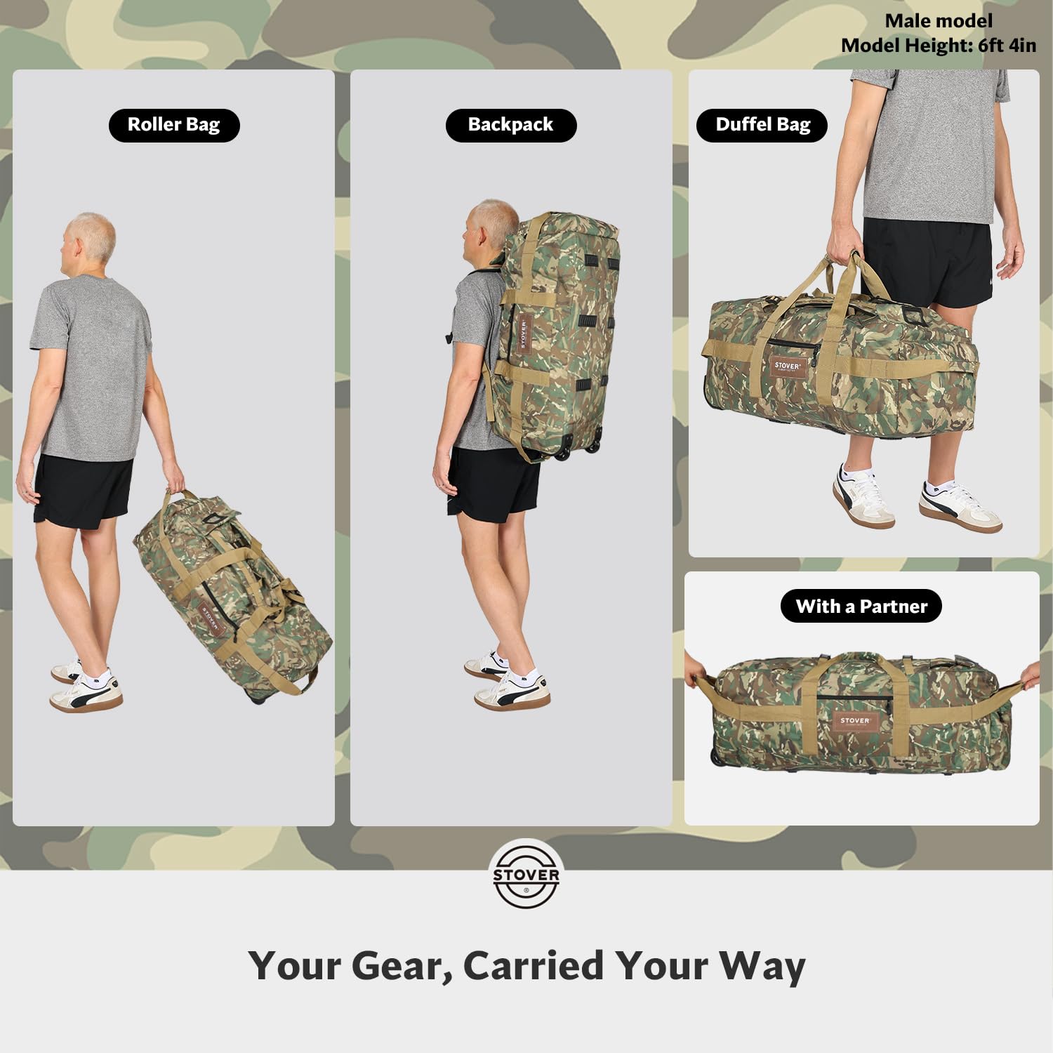STOVER 45/80/100L Rolling Duffel Bag with Wheels, X-Large Durable Travel Duffle + Toiletry Bag, Heavy Duty, Packable with Shoulder Straps- Use as Luggage or Backpack (Camouflage)