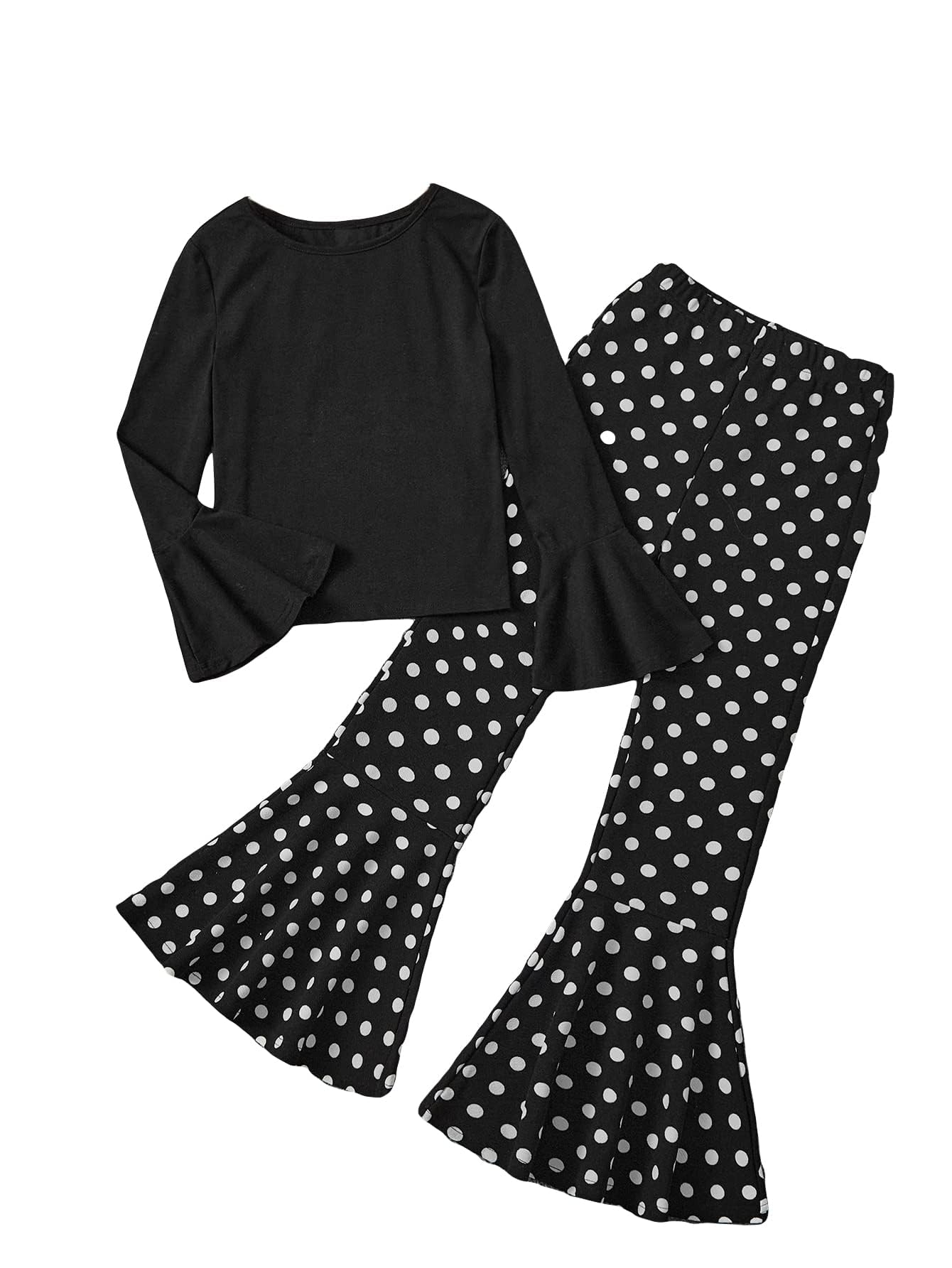 WDIRARA Girl's 2 Piece Flounce Sleeve Top and Leopard Print Bell Leg Bottom Pants Set Black Polka Dots 10Y