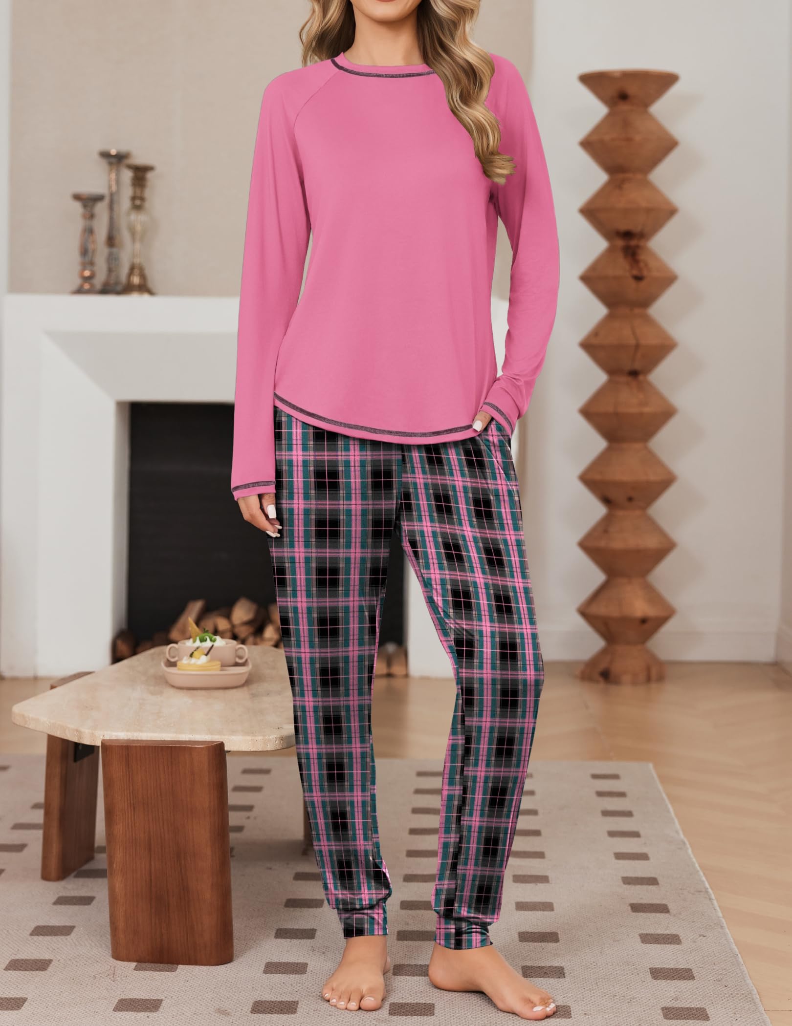 Ekouaer Women Pajama Sets 2 Piece Long Sleeves and Joggers Sleepwear Set Soft Pjs Lounge Set with Pockets Pink Plaid XL