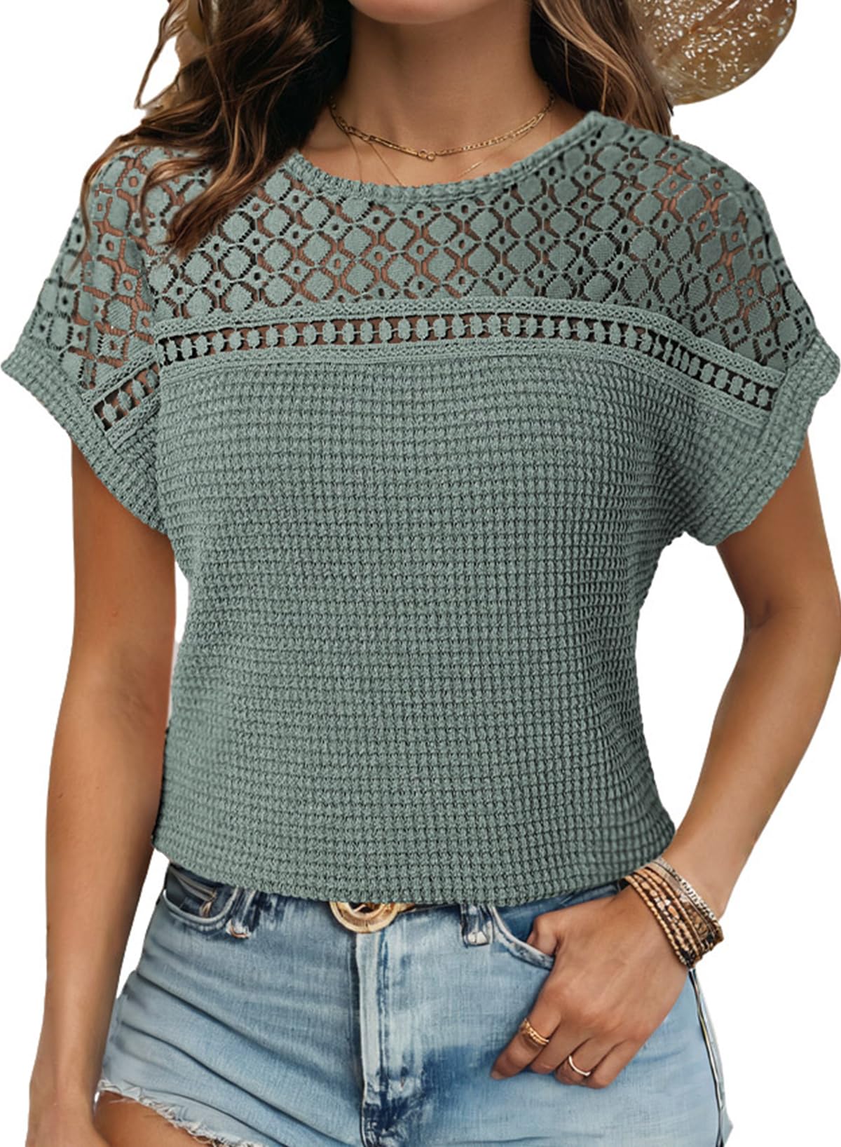 Dokotoo Shirts for Women Waffle Knit Womens Summer Tops Lace Short Sleeve Business Casual T Shirts Trendy Fashion Clothes Spring Outfits 2026 Lightweight Ladies Tops and Blouses Mist Green S