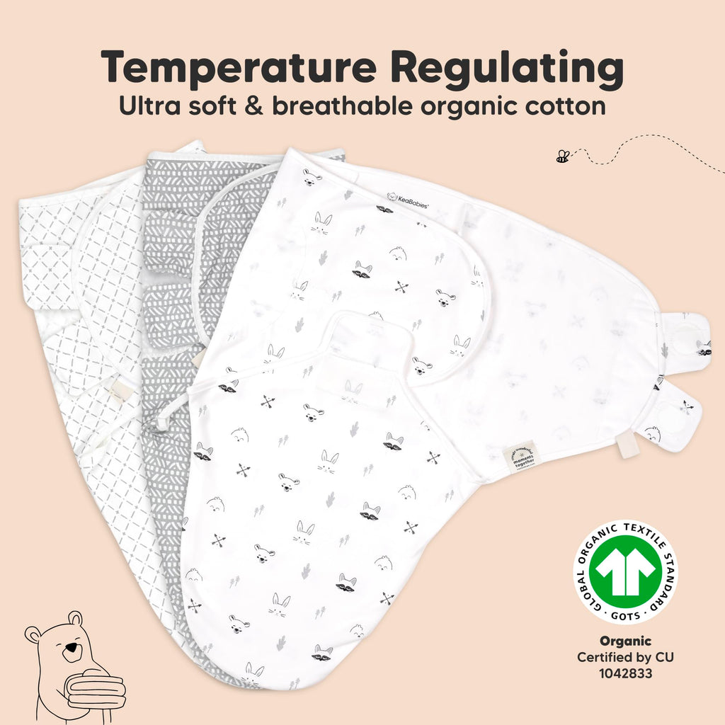 KeaBabies 3-Pack Organic Baby Swaddle Sleep Sacks - Swaddles for Newborns, Infant 0-3 Months, Baby Girls, Boys, Soft & Snug Newborn Sleep Sack, Nursery Swaddling Blankets (Nordic)
