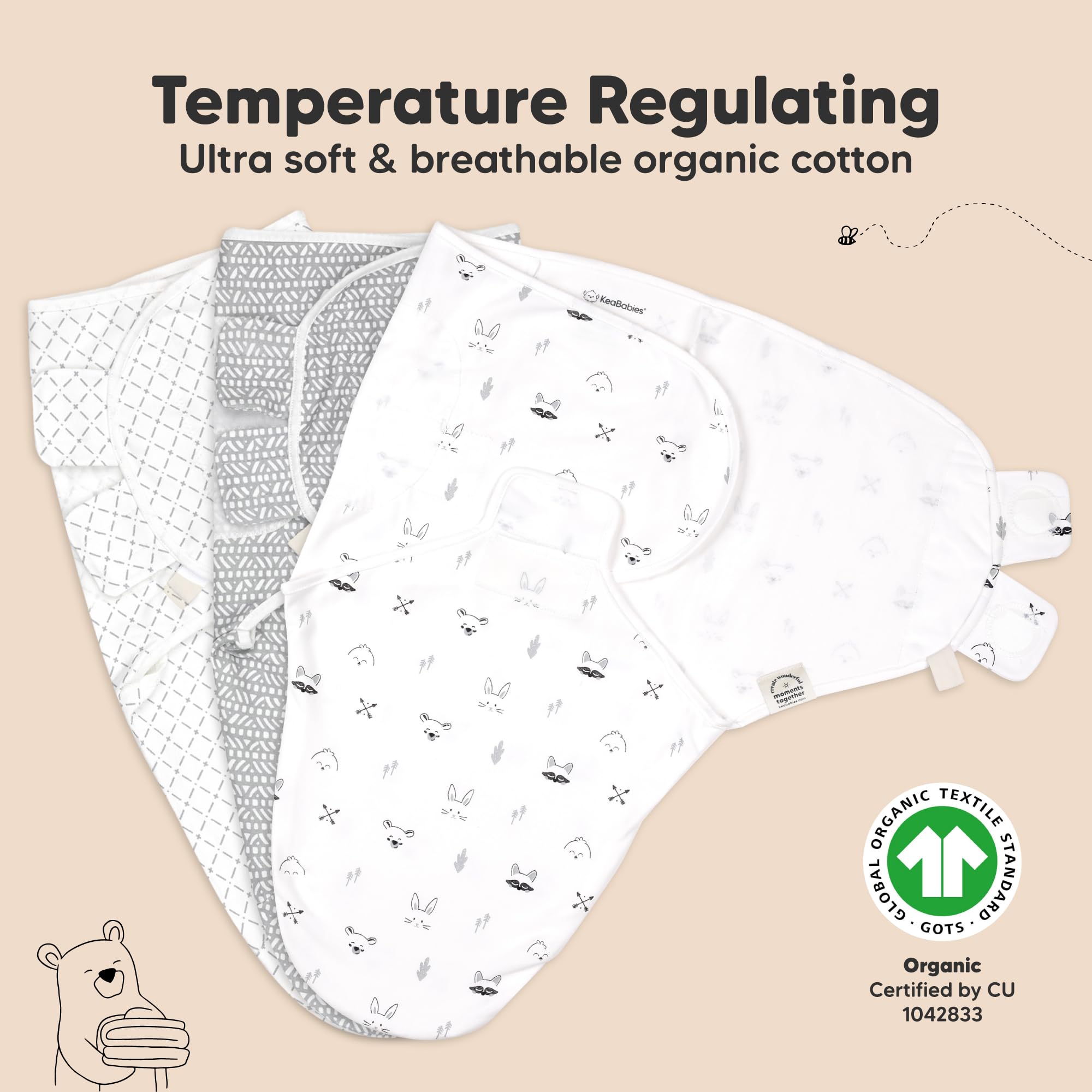 KeaBabies 3-Pack Organic Baby Swaddle Sleep Sacks - Swaddles for Newborns, Infant 0-3 Months, Baby Girls, Boys, Soft & Snug Newborn Sleep Sack, Nursery Swaddling Blankets (Nordic)