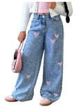 WDIRARA Girl's Heart Embroidered Y2k Denim Pants Elastic High Waist Wide Leg Jeans with Pockets Light Blue 8Y