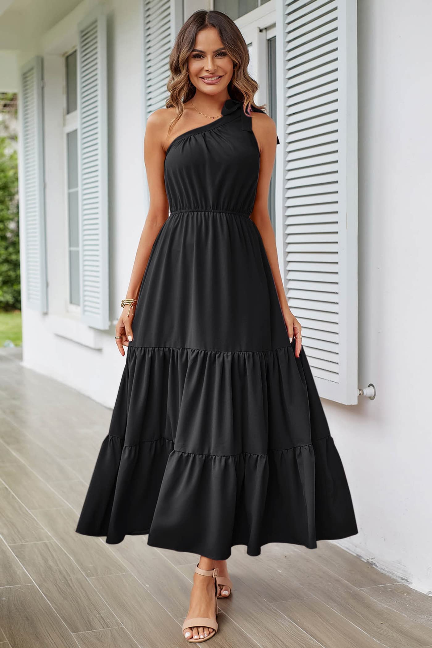 PRETTYGARDEN Women's Summer Floral Maxi Dress Knot One Shoulder Sleeveless Ruffle Flowy Boho Beach Wedding Guest Dresses (Solid Black,XX-Large)