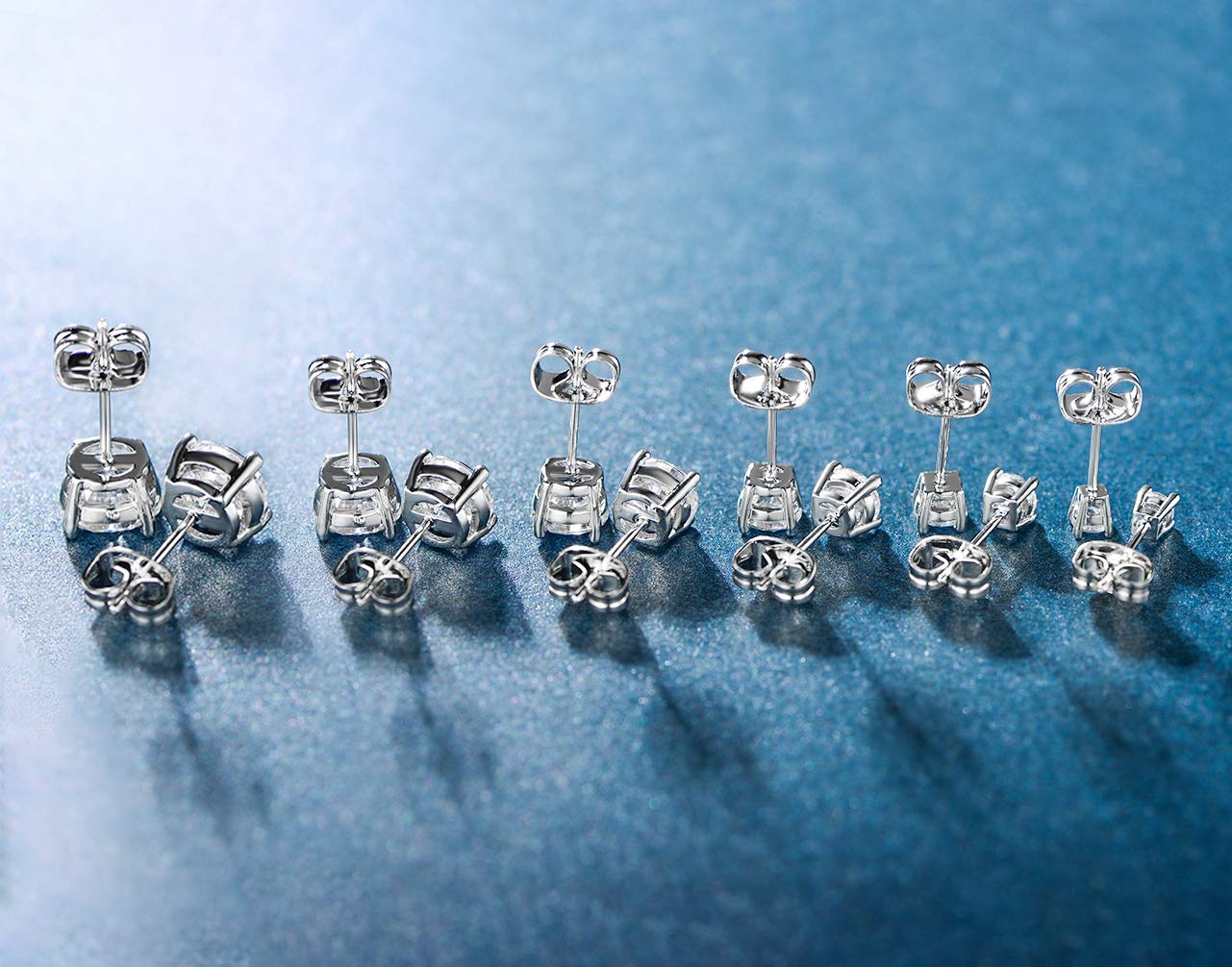 18K White Gold Plated 4 Pong Round Clear Cubic Zirconia Stud Earring Pack of 6 Pairs (6 Pairs)