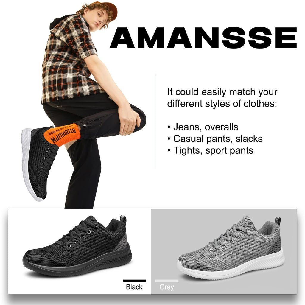 AMANSSE Men's Walking Shoes Non Slip Running Sneakers Lightweight Breathable Tennis Shoes Workout Athletic Sneakers Black Size 10.5
