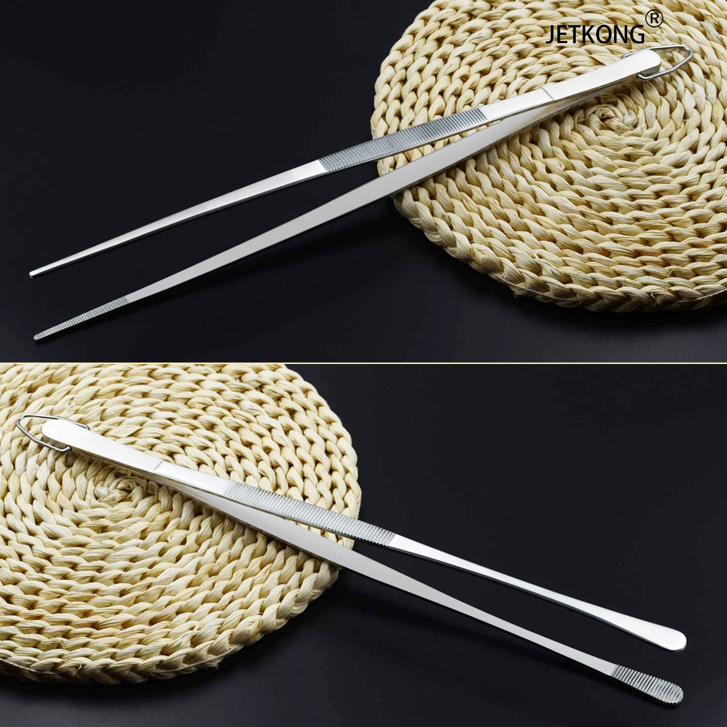 JETKONG 2 Pcs 12-Inch Kitchen Tweezers Fine Tweezer Tongs, Extra-Long Stainless Steel Cooking Tweezers (Silver)