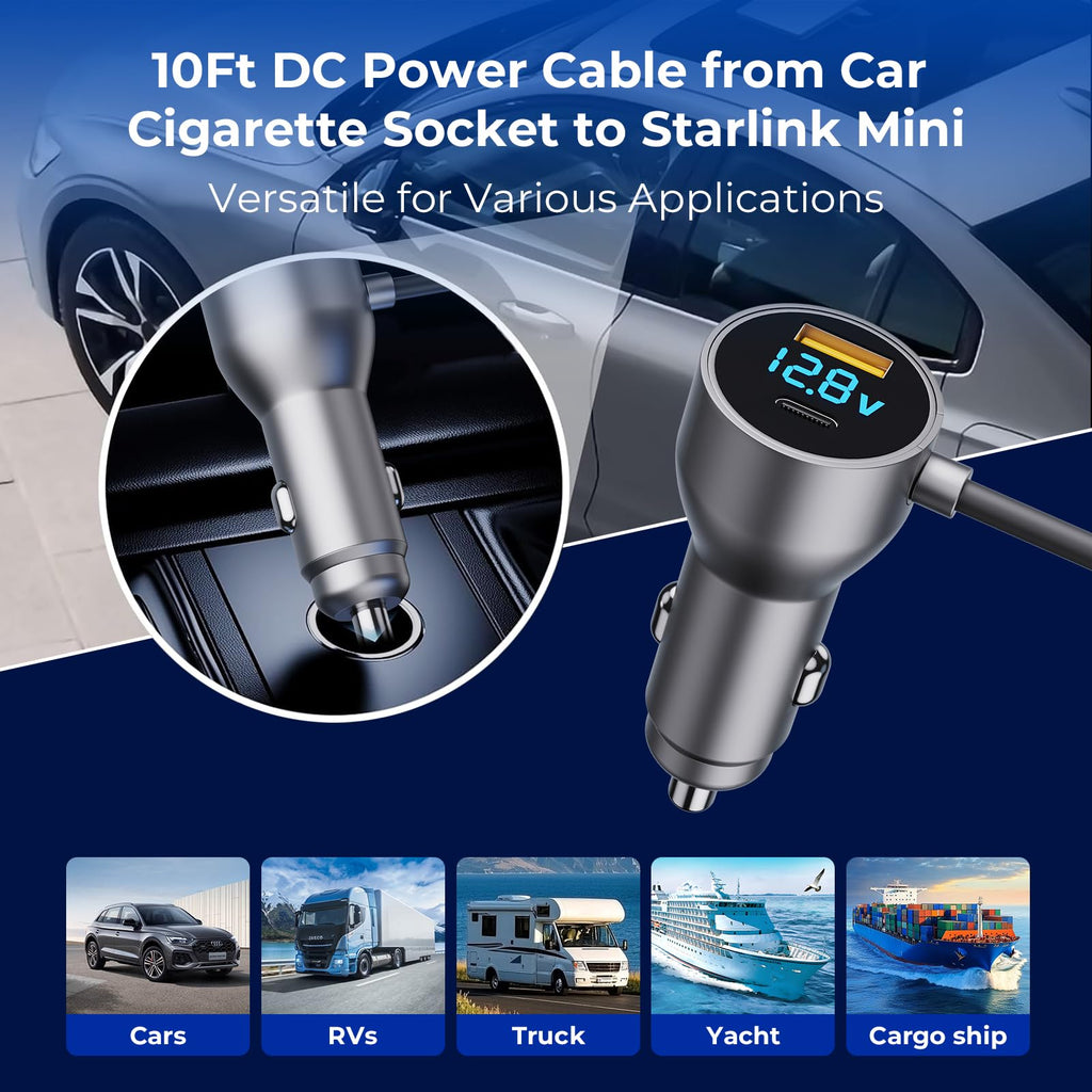 Starlink Mini Cable,Starlink Mini Accessories Car Charger, 3-in-1 DC Power Cable with 12V-48V Cigarette Lighter Adapter,PD 30W + USB-A 30W + DC 72W Car Power Supply for Trucks, RVs, Boats(10Ft)