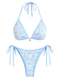 ZAFUL Womens Shell Halter Bikini Sets High Cut Side Tie 2 Piece Swimsuits Sexy String Bathing Suits Blue Lace Floral M