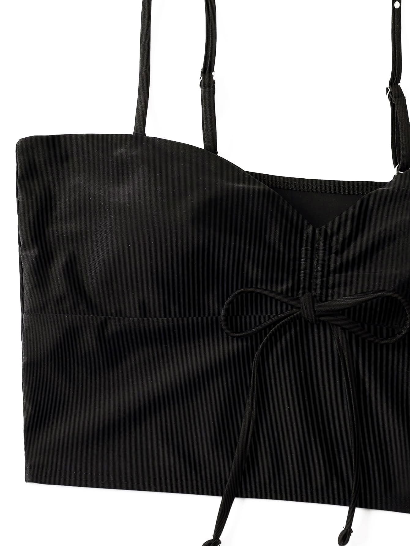 Lilosy Tummy Control Drawstring High Waisted Bikini Set String Swimsuit Spaghetti Strap Cami Top and Tie Side Shorts 2 Piece Women Bathing Suit Pinstripe Black Small
