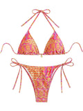 WDIRARA Women's 2 Piece Floral Print Swimsuits Geometric Halter String Triangle Bikini Set Beach Bathing Suit Pink Yellow Multi Medium