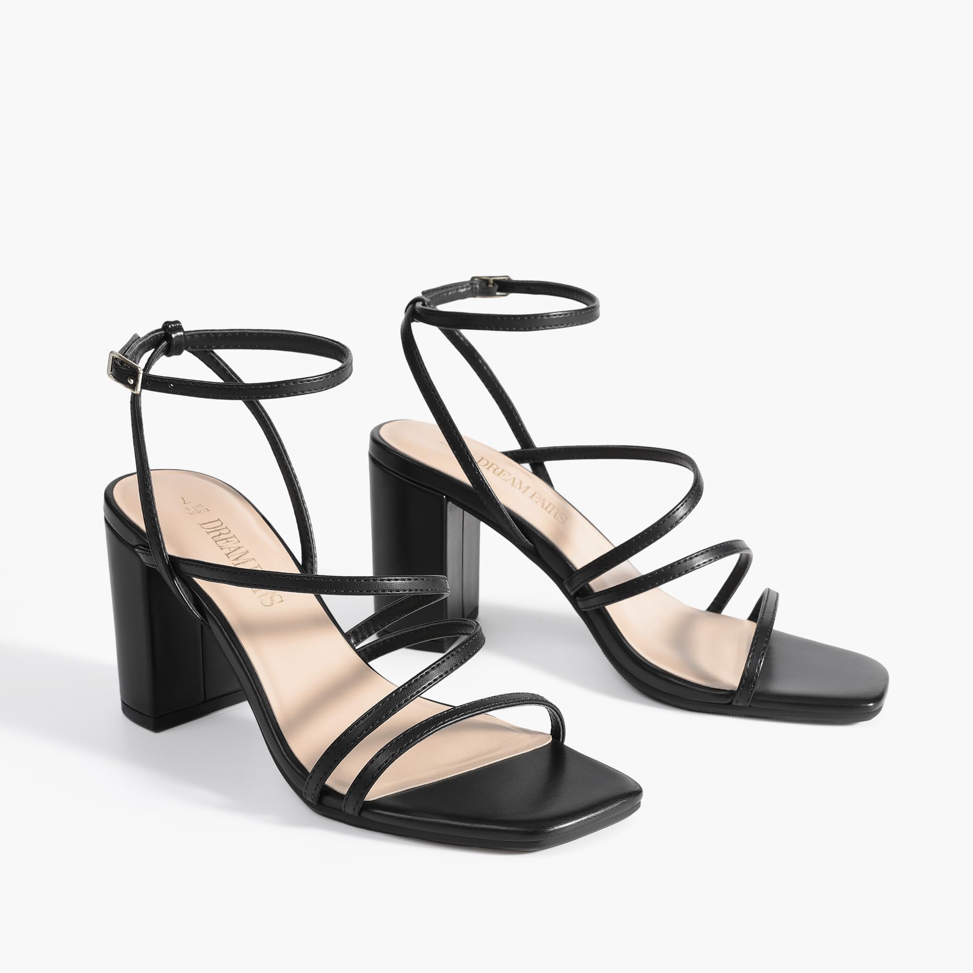 DREAM PAIRS Women's Heels Chunky Block Strappy Square Open Toe Ankle Buckle Heeled Sandals Wedding Party Dress Shoes Indie,Size 7,Black,SDHS2428W