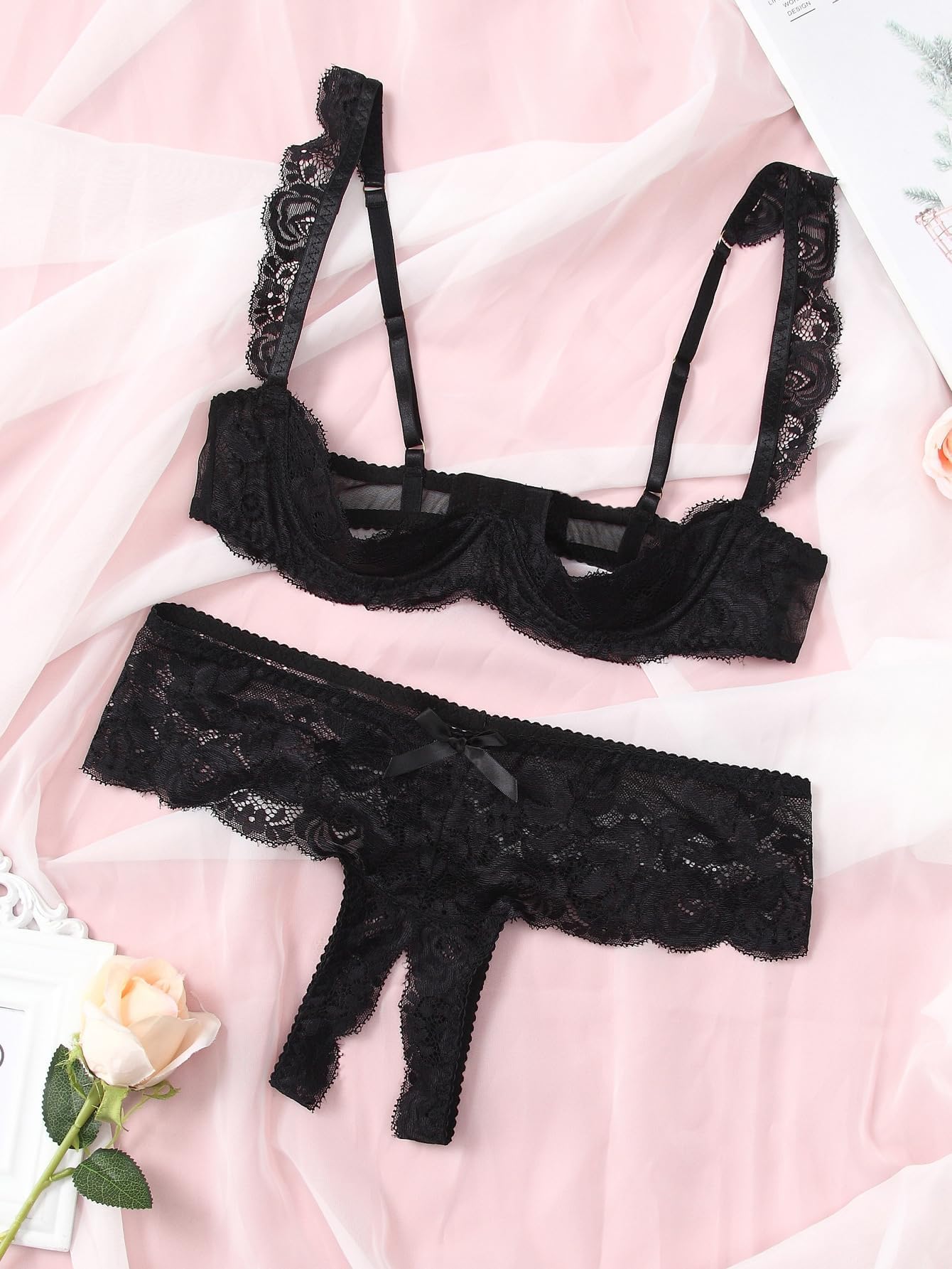 Lilosy Petite Underwire Floral Lace Lingerie Set for Women Bra and Panty 2 Piece Push Up Black 3X-Small