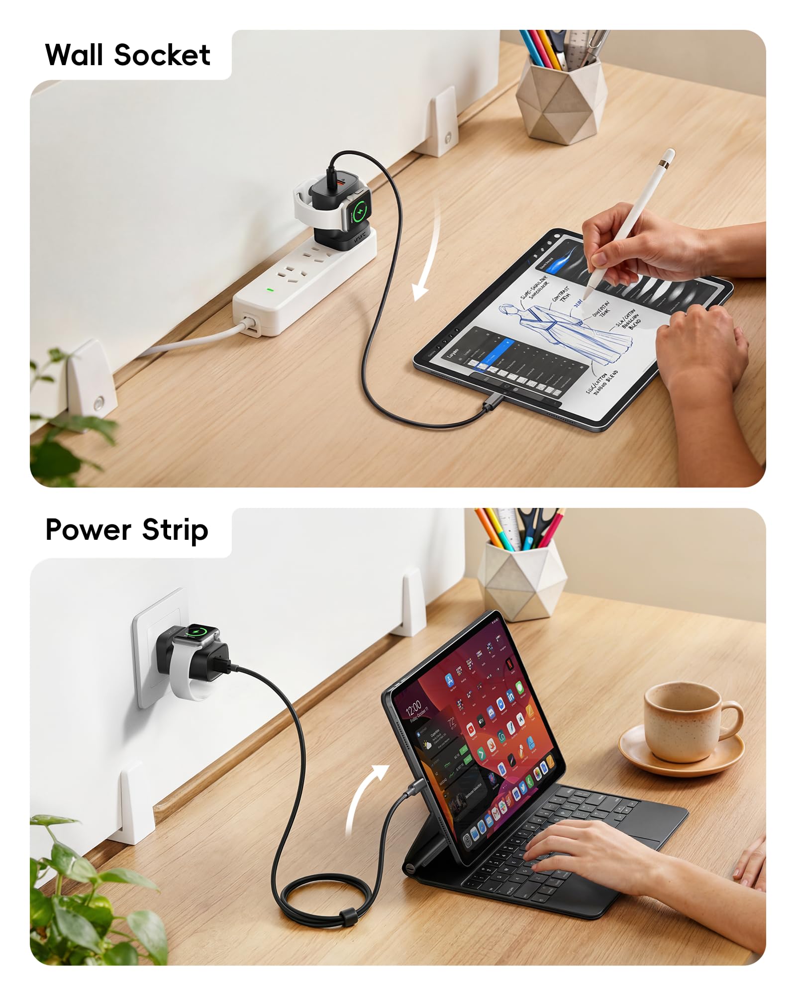 VRURC Fast Charger for iPhone, PD 20W USB C Wall Charger Dual Ports, 3-in-1 Foldable Charging Block Built in Magnetic Watch Charger Station for Apple Watch Ultra/10/9/8/7/6/5/4-Black