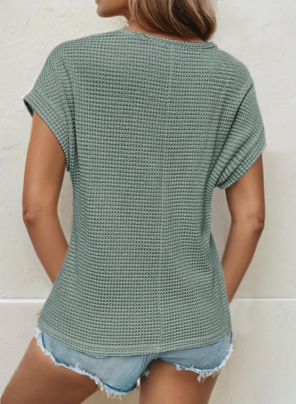 Dokotoo Shirts for Women Waffle Knit Womens Summer Tops Lace Short Sleeve Business Casual T Shirts Trendy Fashion Clothes Spring Outfits 2026 Lightweight Ladies Tops and Blouses Mist Green S
