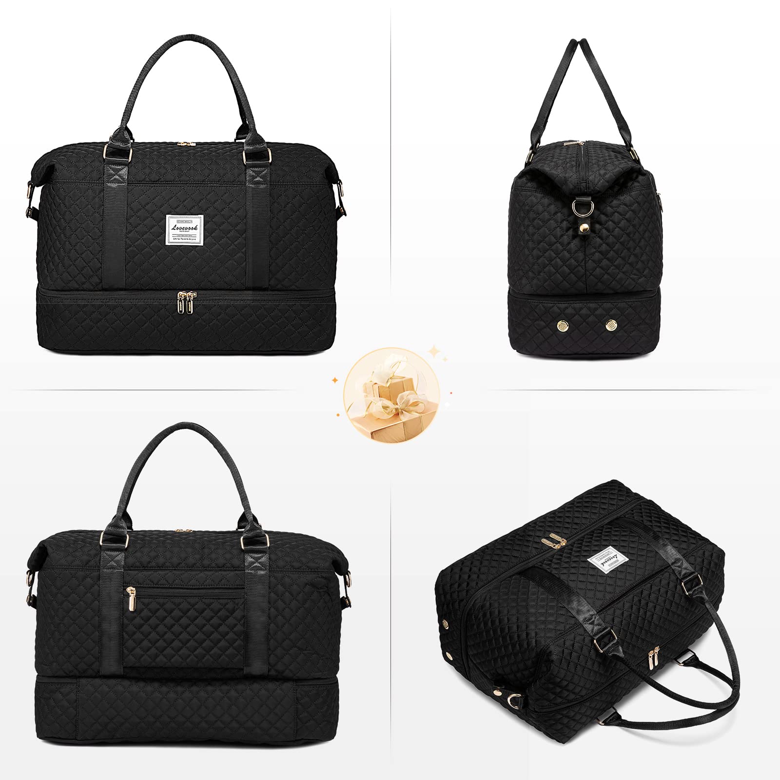 LOVEVOOK Travel Duffle Bag, Weekender Bags for Women with Shoe Compartment, Carry on Overnight Bag with Toiletry Bag, Gym Duffel Bag with Wet Pocket, Hospital Bags for Labor and Delivery, Black
