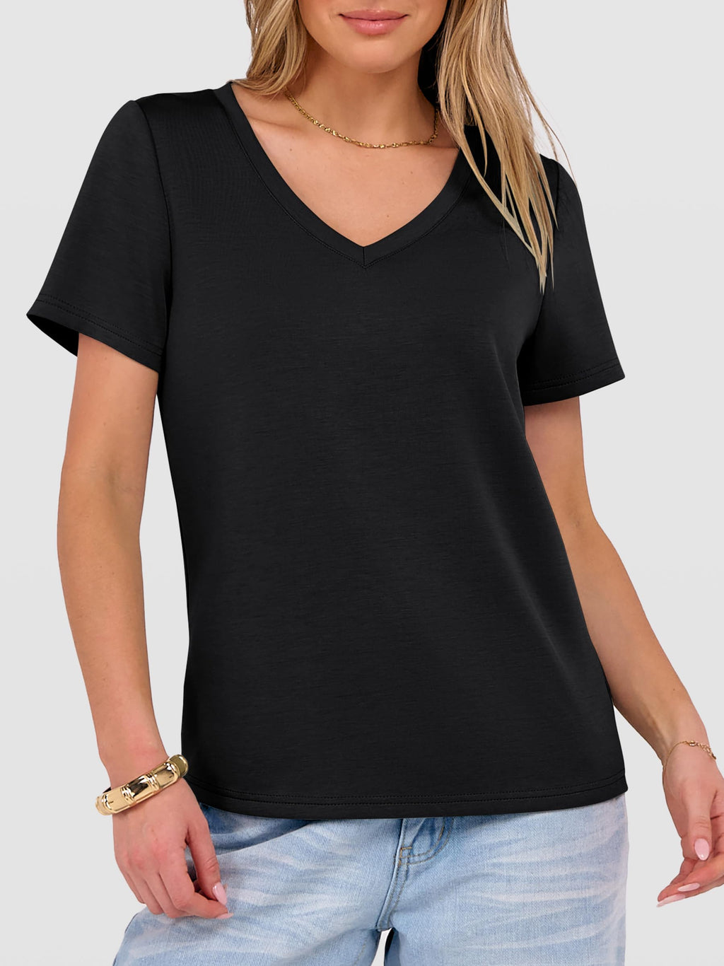 ANRABESS Womens Short Sleeve Tops Casual V Neck Wrinkle - Free Basic T Shirts Summer Cute Tee 2026 Spring Fashion Clothes Black Small