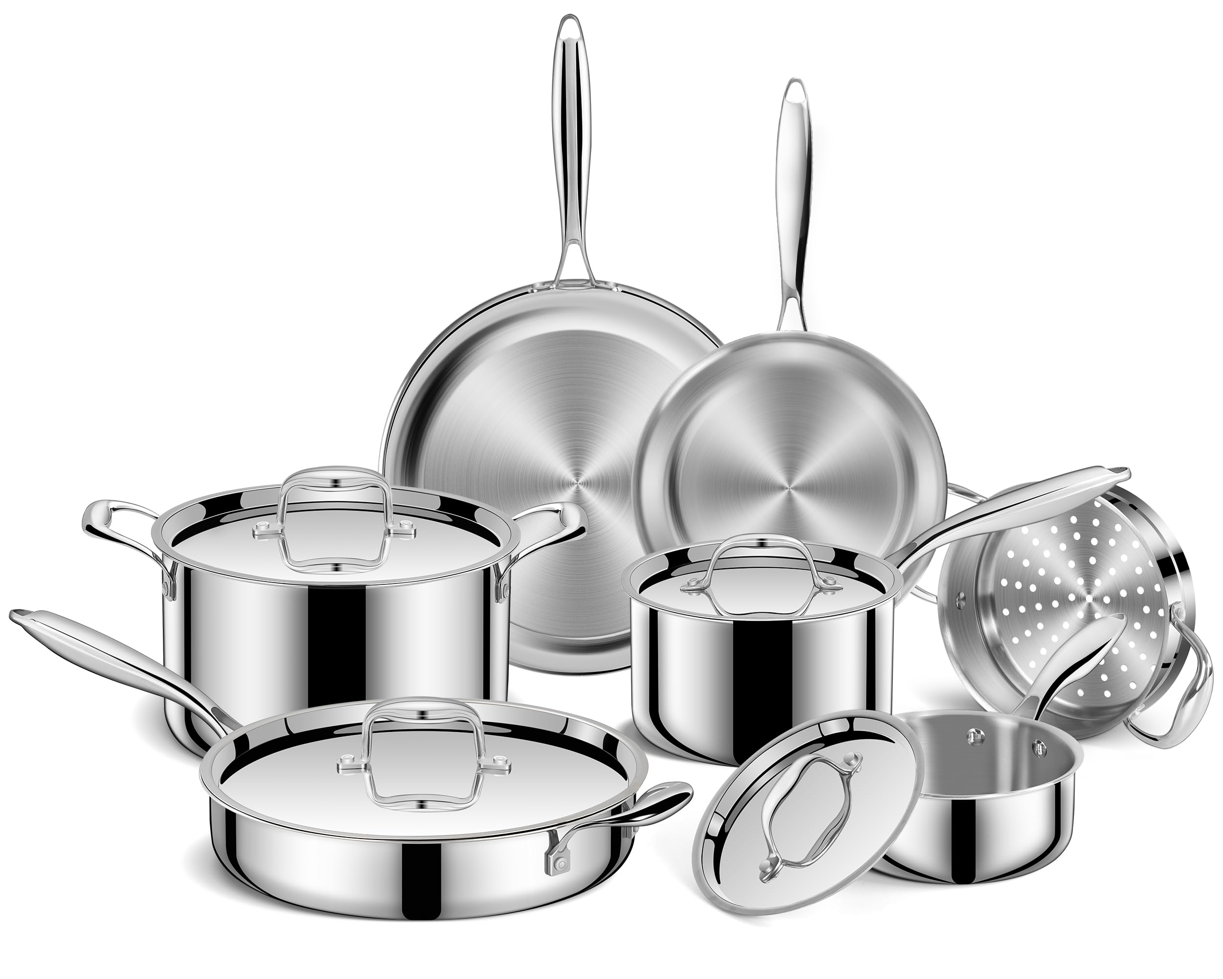 EWFEN Pots and Pans Set, 3 Ply 11 Piece Stainless Steel Cookware Set, Oven Dishwasher Safe | Induction Compatible Frying Pans, Saucepans, Saute Pan & Stock Pot, PFOA Free Kitchen Skillet