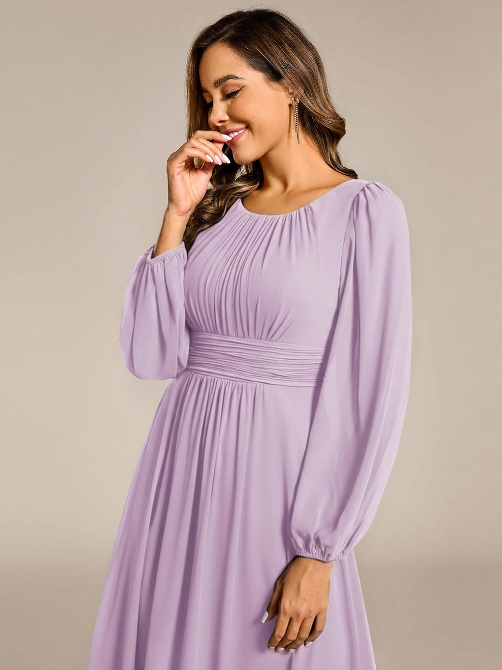 Ever-Pretty Women's Crewneck Long Lantern Sleeves Floor Length A-Line Pleated Chiffon Formal Dress Frosted Lilac US08