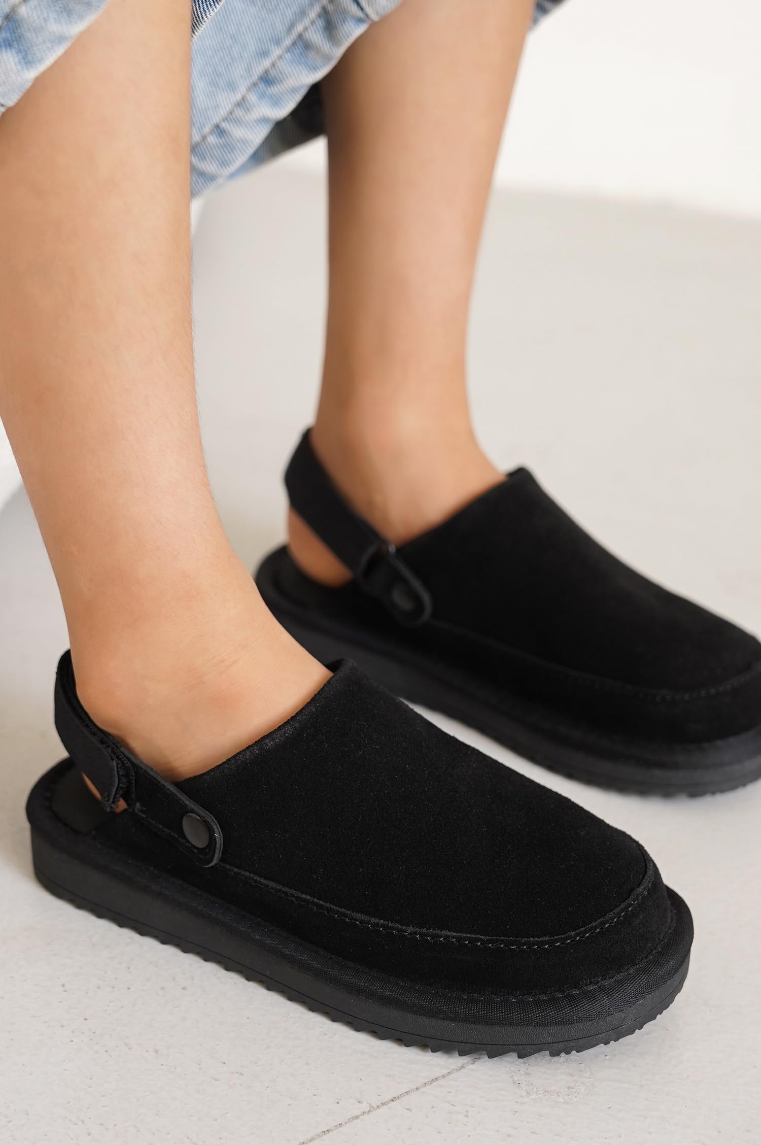 Project Cloud Kids Clogs Genuine Leather with Back Strap - Memory Foam & Lightweight Slip-on Boys and Girls Sandals Adjustable Straps & Non-Slip Clogs for Kids Sandals(LilGoldstar, BLKSUEDE, 10)