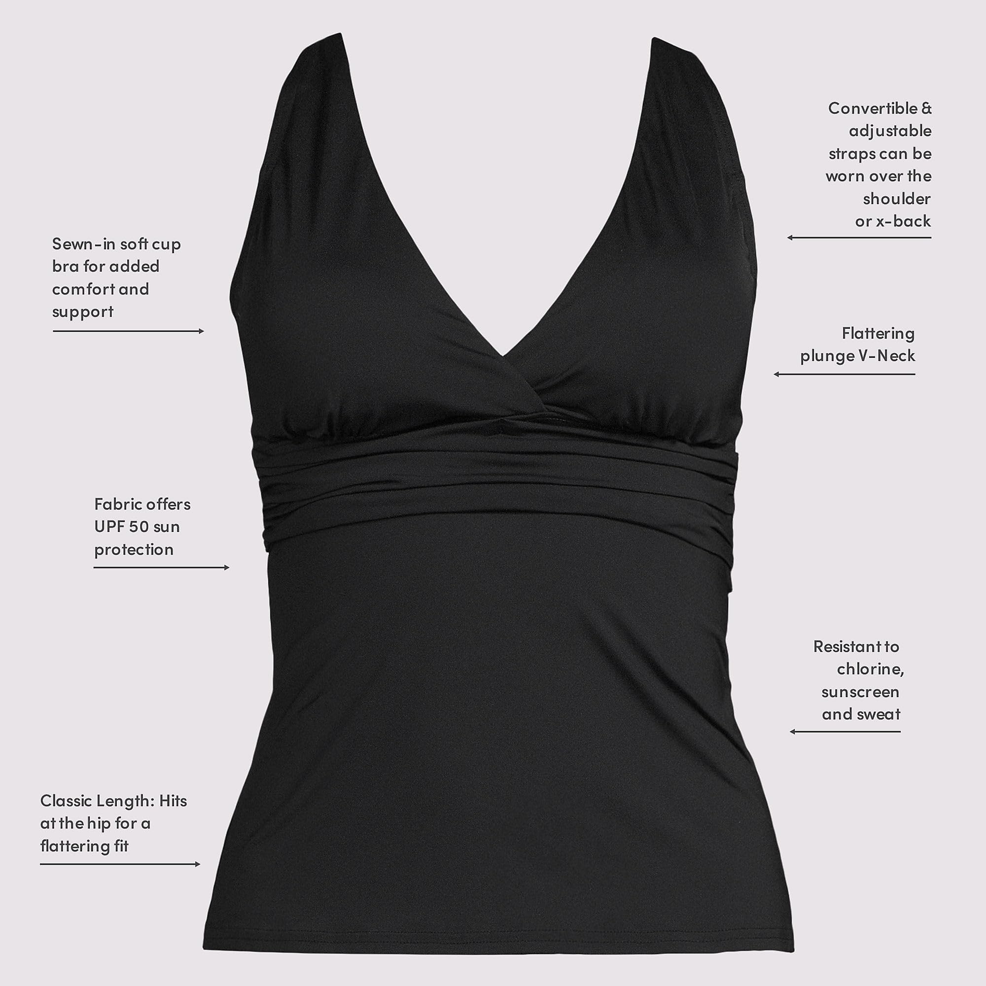 Lands' End Women's DDD-Cup V-Neck Plunge X Back Tankini Top X-Small Black