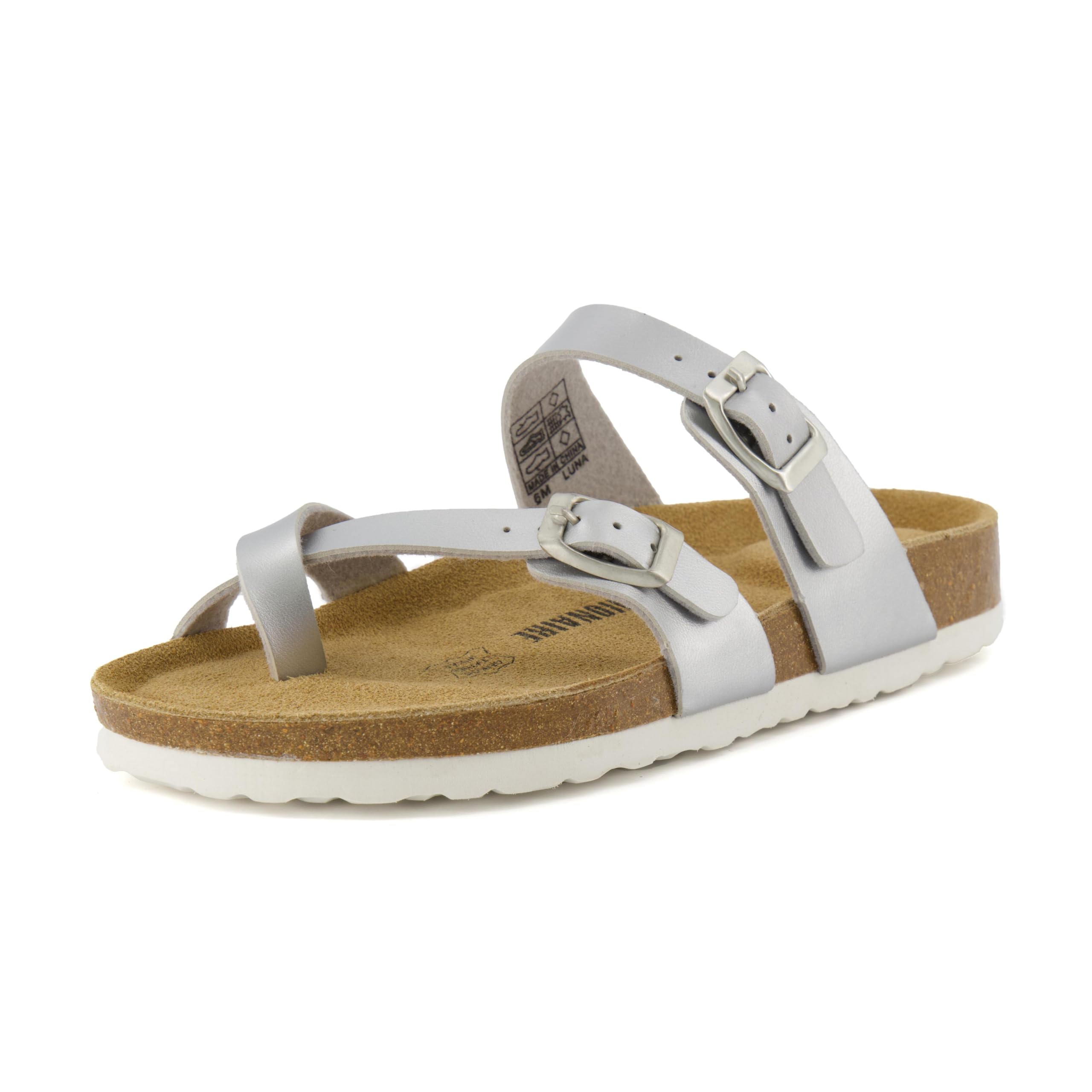 CUSHIONAIRE Luna Sandals for Women, Cork Footbed Womens Sandals for Summer Comfort with Adjustable Straps, Wide Width Available, SILVER 7W