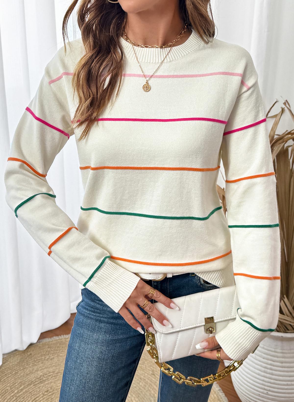 SHEWIN Womens Sweaters Crew Neck Striped Sweater Women Lightweight Womens Fall Tops Long Sleeve Tops Sweaters for Women Fall Outfits 2026 White Small