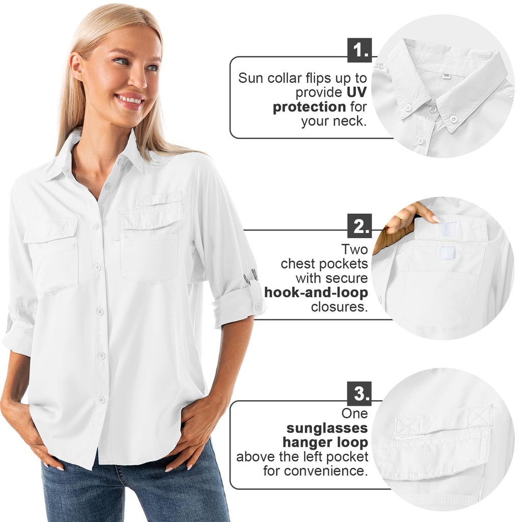 Womens Safari Shirts Long Sleeve Outdoor Sun Protection Quick Dry Fishing Hiking Shirts (5026 White XXL)