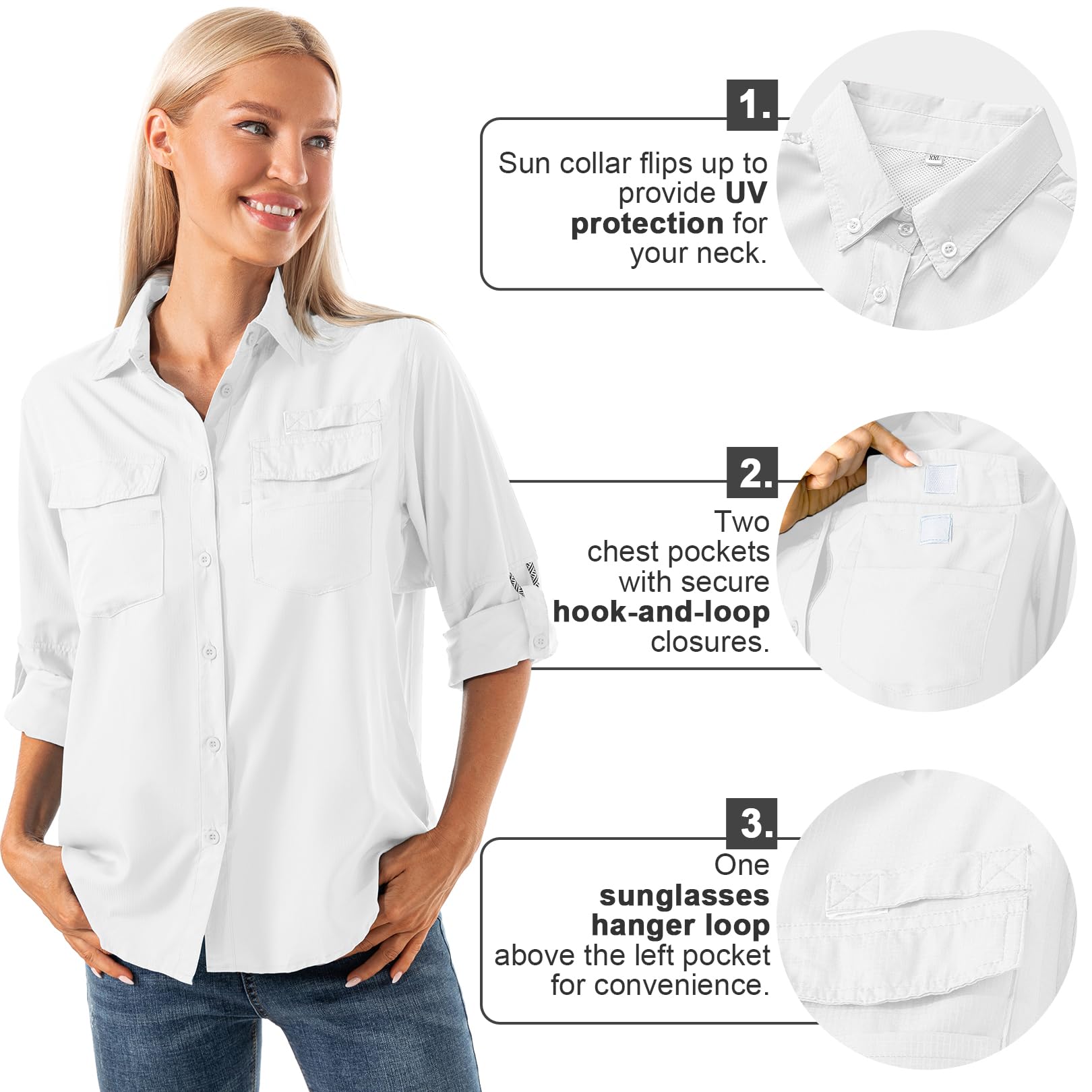 Womens Safari Shirts Long Sleeve Outdoor Sun Protection Quick Dry Fishing Hiking Shirts (5026 White XXL)