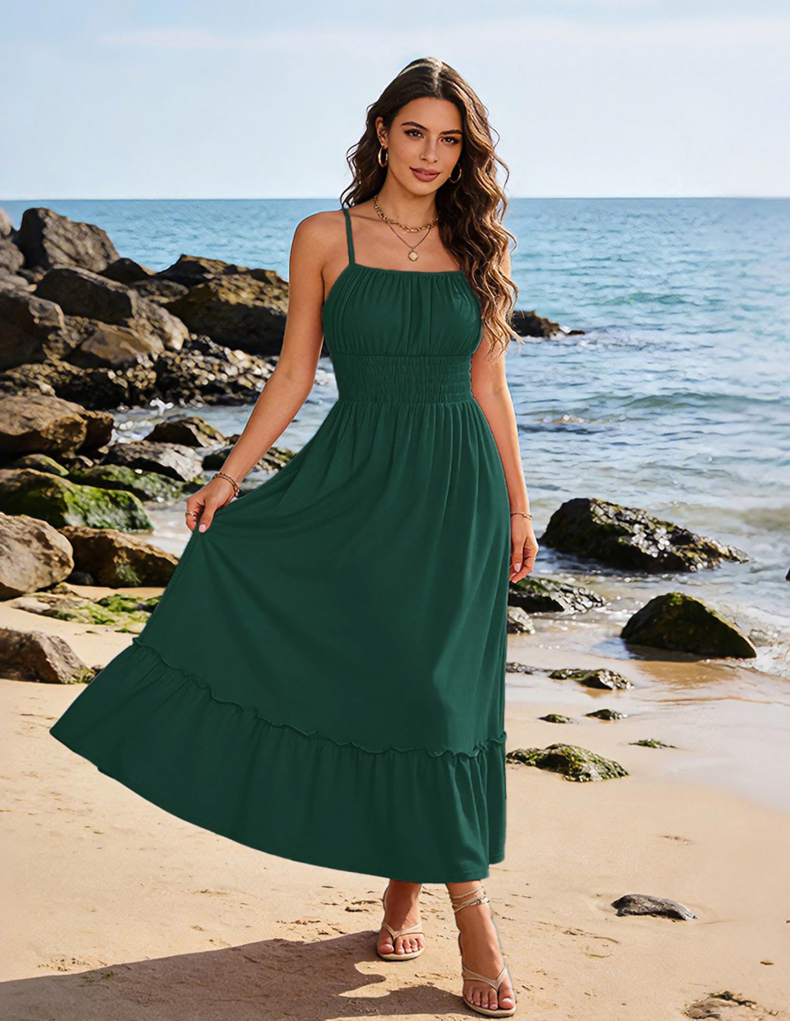GRACE KARIN Women's Summer Maxi Dress 2026,Smocked Ruched Bust Sundress with Adjustable Straps & Pockets Green M