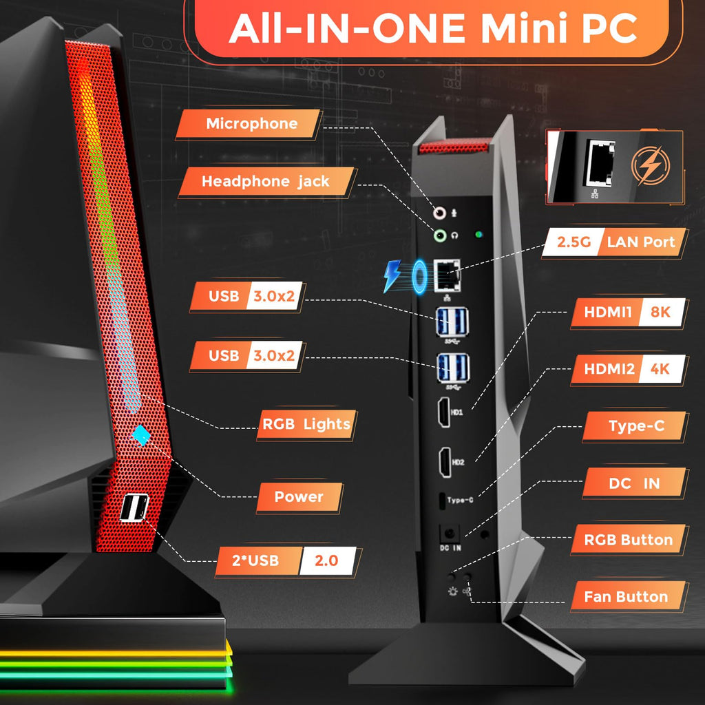 sinbun Mini Gaming PC, 12Th Gen Core i9-12900HK, RTX 3050 Ti 8G GDDR6 Gaming Computers, 32GB DDR4 RAM 1TB PCIe SSD, RGB Lights/Triple Display/2.5G LAN/WiFi 6E BT5.2, Win 11 Pro Desktop PC, Black