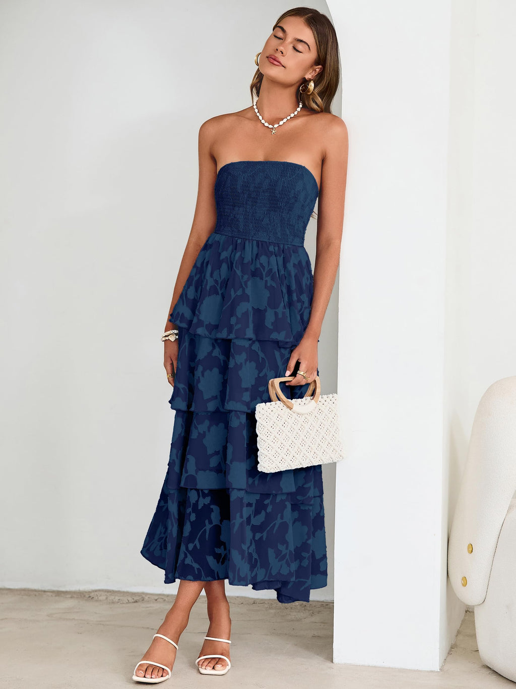 Simplee Womens Summer Strapless Maxi Dress 2026 Off The Shoulder Casual Cute Floral Boho Smocked Tube Dresses Vacation Long Sundress(Navy S)